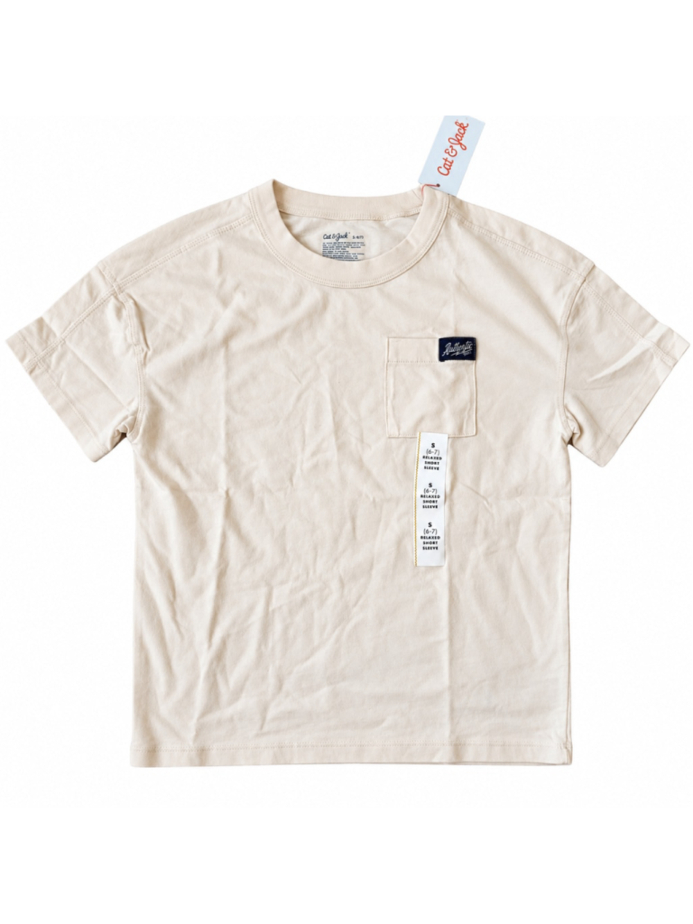 Boys' Cat & Jack Pocket T-Shirt - Size S 6/7 - Cream - Authentic Sports - NWT